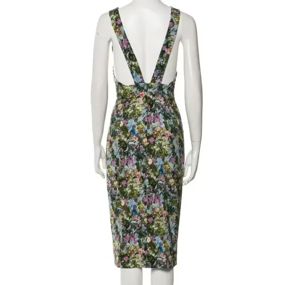 Cushnie Et Ochs Floral Print Midi Length Open Back Wiggle Green Dress Size 0 - Picture 5 of 13